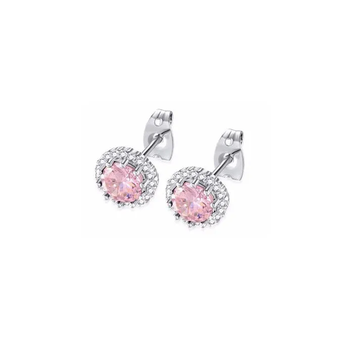 18k White Gold Plated 1/2 Ct Created Halo Round Pink Sapphire Stud Earrings