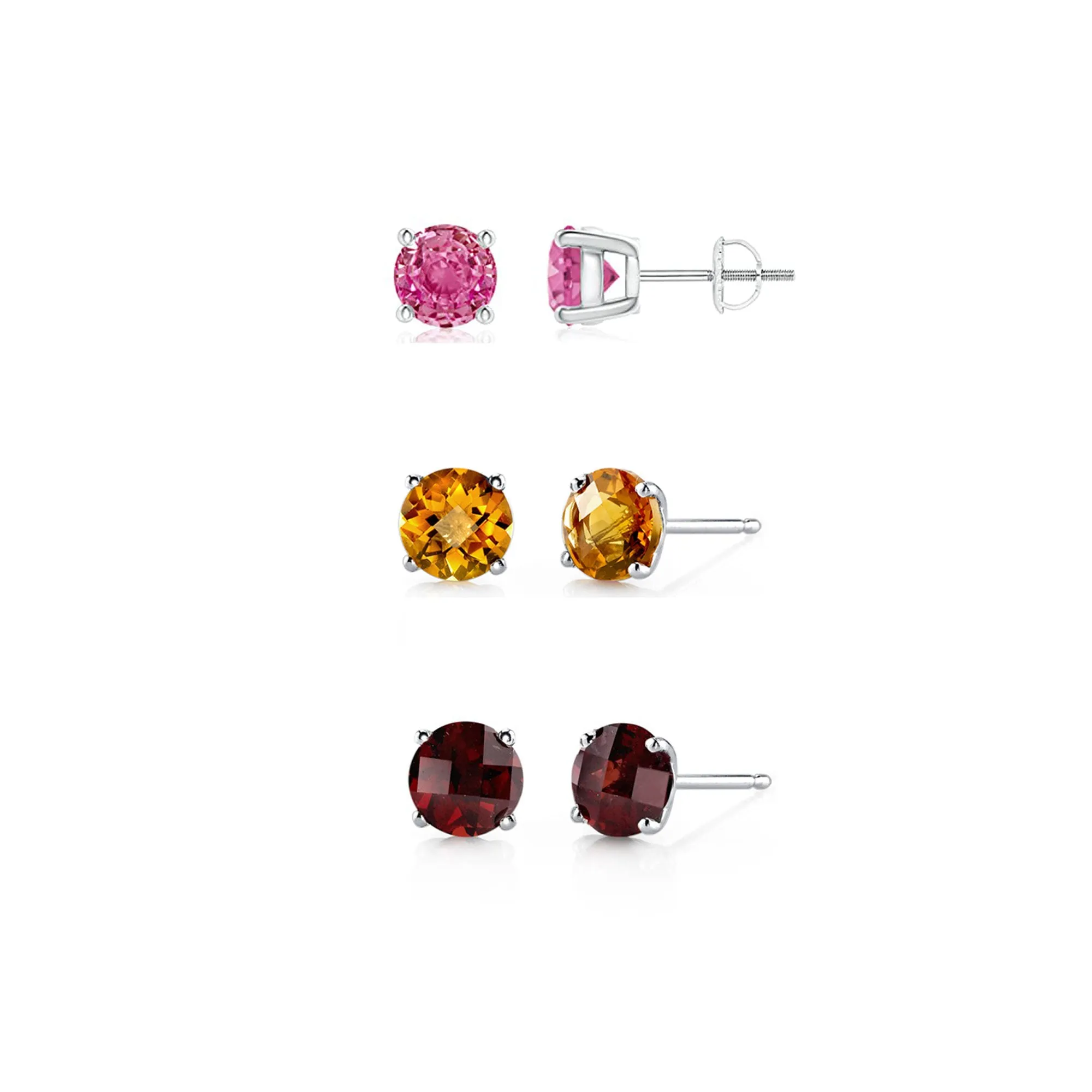 18k White Gold Plated 1/2Ct Created Pink Sapphire, Citrine and Garnet 3 Pair Round Stud Earrings