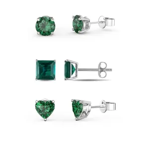 18k White Gold Plated 1/4Cttw 4mm Created Emerald 3 Pair Round, Square and Heart Stud Earrings