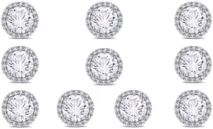 18k White Gold Plated 1Ct Round White Sapphire Set Of Five Halo Stud Earrings