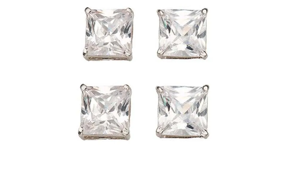 18k White Gold Plated 1Ct Square Cut White Sapphire Set Of Two Stud Earrings