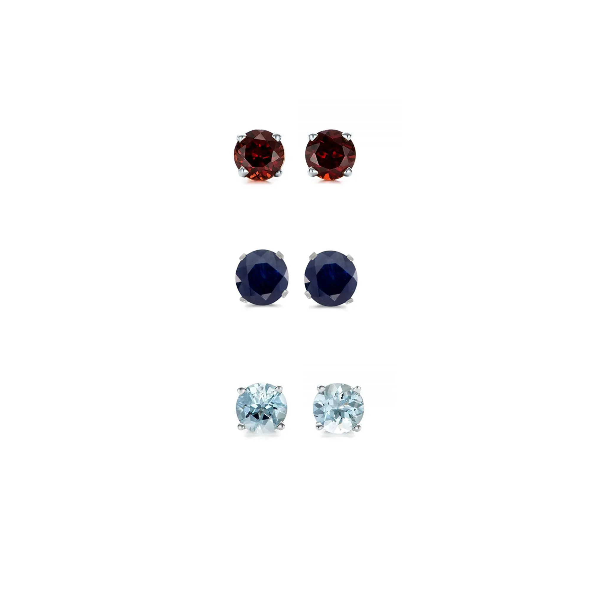 18k White Gold Plated 2Ct Created Garnet, Black Sapphire and Aquamarine 3 Pair Round Stud Earrings