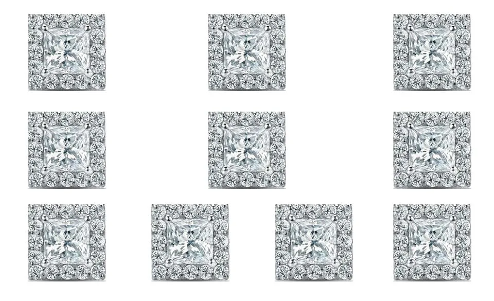 18k White Gold Plated 2Ct Princess Cut White Sapphire Set of Five Halo Stud Earrings