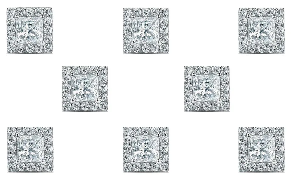 18k White Gold Plated 2Ct Princess Cut White Sapphire Set of Four Halo Stud Earrings