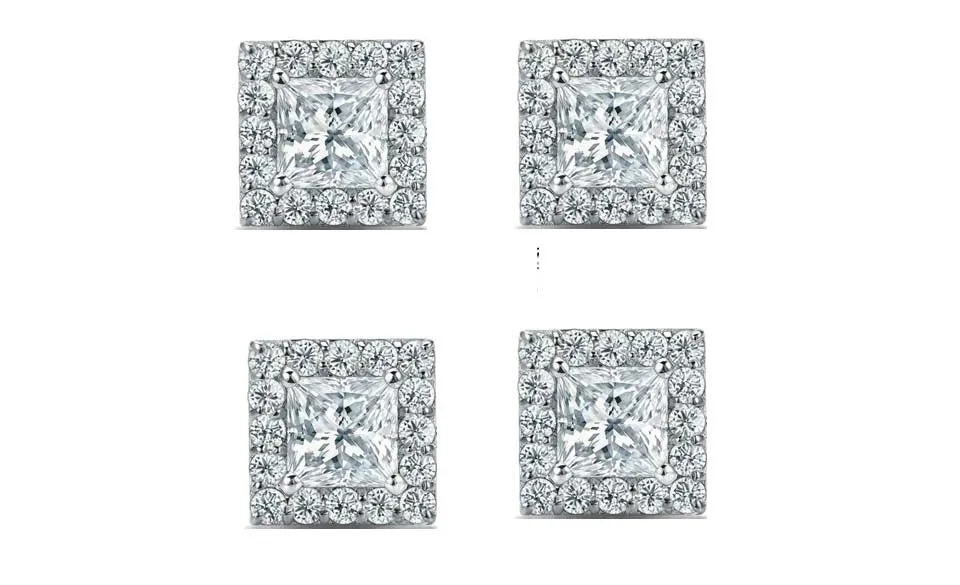 18k White Gold Plated 2Ct Princess Cut White Sapphire Set of Two Halo Stud Earrings