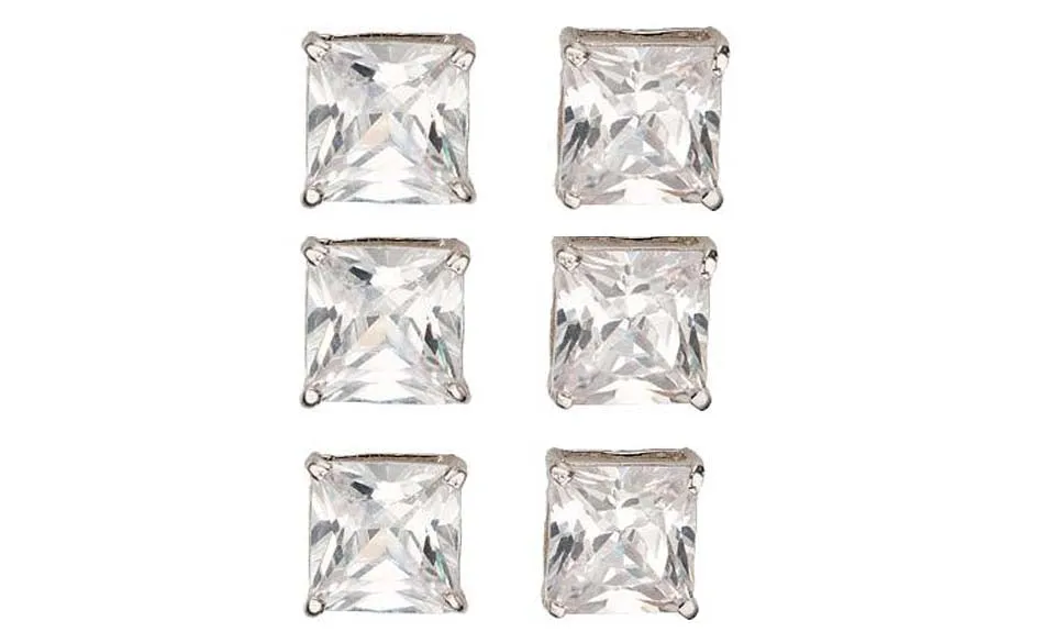 18k White Gold Plated 2Ct Square Cut White Sapphire Set Of Three Stud Earrings