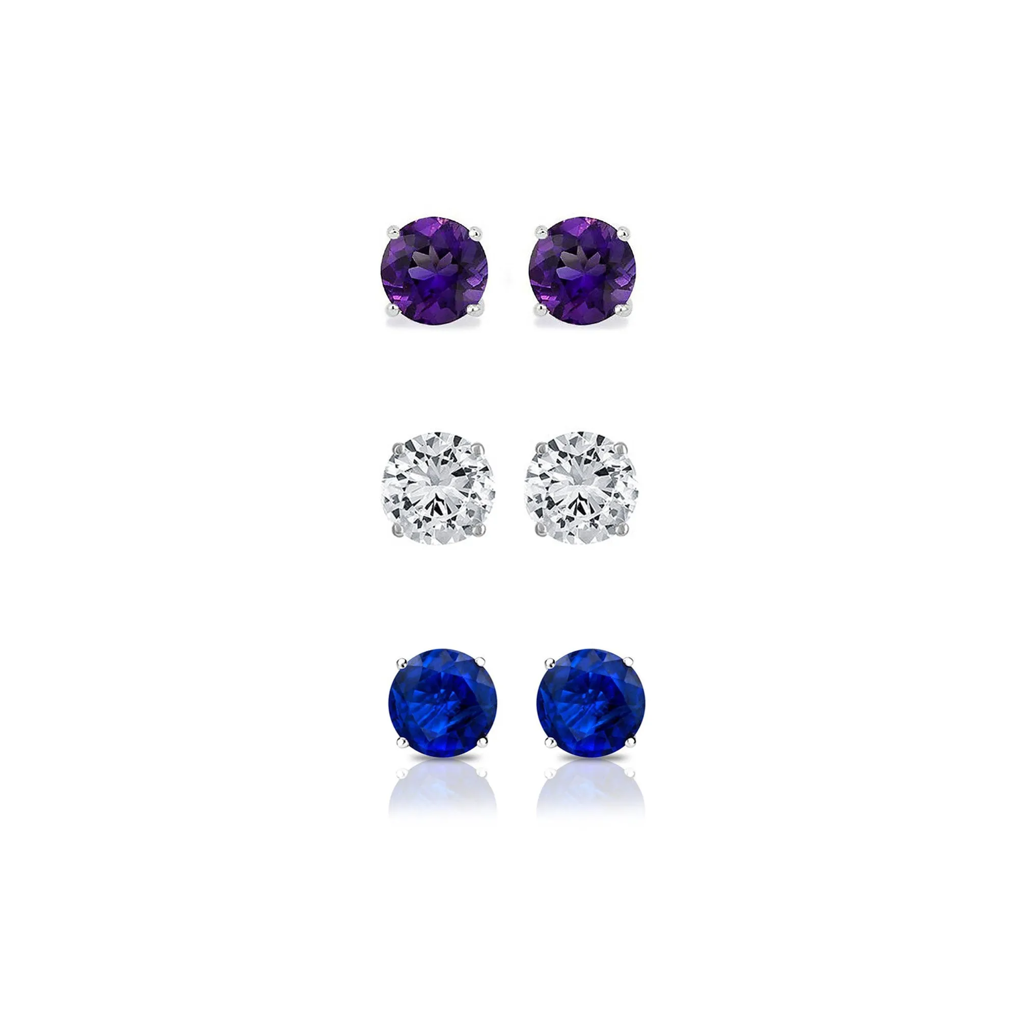 18k White Gold Plated 3Ct Created Amethyst, White Sapphire and Blue Sapphire 3 Pair Round Stud Earrings