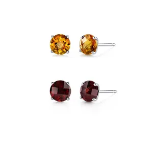 18k White Gold Plated 3Ct Created Citrine and Garnet 2 Pair Round Stud Earrings