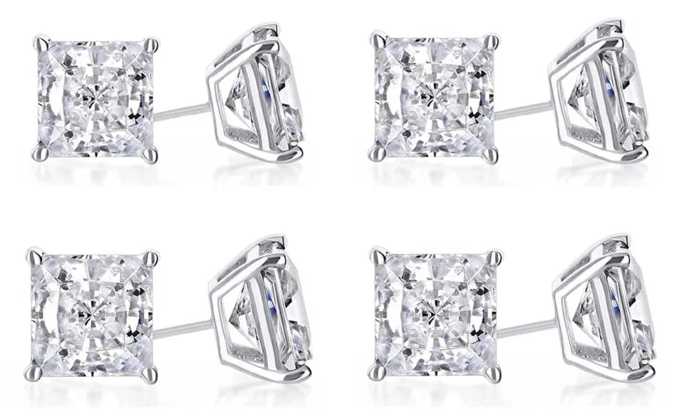 18k White Gold Plated 3Ct Princess Cut White Sapphire Set Of Four Stud Earrings