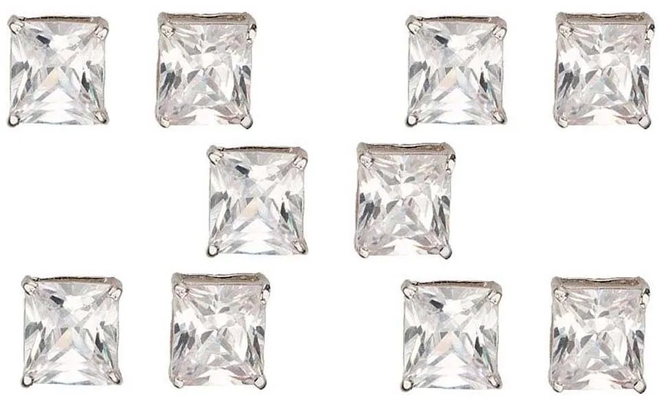 18k White Gold Plated 3Ct Square Cut White Sapphire Set Of Five Stud Earrings