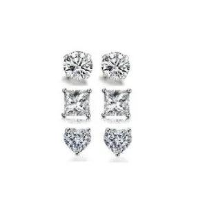 18k White Gold Plated 3Cttw 8mm Created White Sapphire 3 Pair Round, Square and Heart Stud Earrings