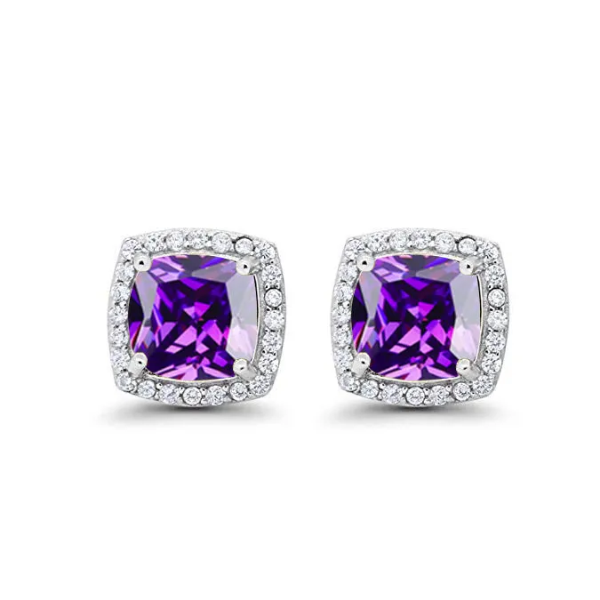 18k White Gold Plated 4 Ct Created Halo Princess Cut Amethyst Stud Earrings