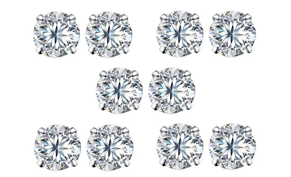 18k White Gold Plated 4mm 1Ct Round White Sapphire Set Of Five Stud Earrings