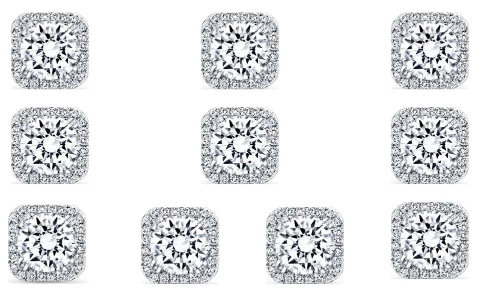 18k White Gold Plated 4mm 1Ct Square Cut White Sapphire Set of Five Halo Stud Earrings