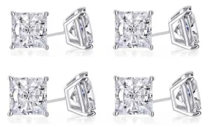 18k White Gold Plated 4mm 3Ct Princess Cut White Sapphire Set Of Four Stud Earrings