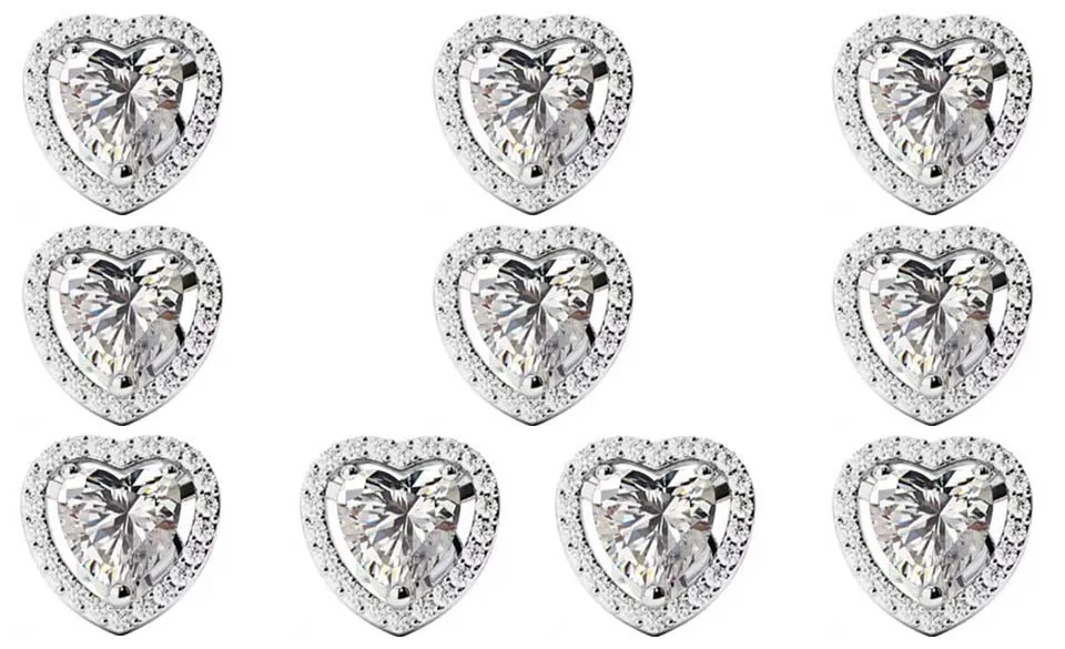 18k White Gold Plated 6mm 2Ct Heart White Sapphire Set of Five Halo Stud Earrings