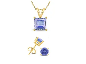 18K Yellow Gold 1/2ct Tanzanite Square 18 Inch Necklace and Round Earrings Set Plated