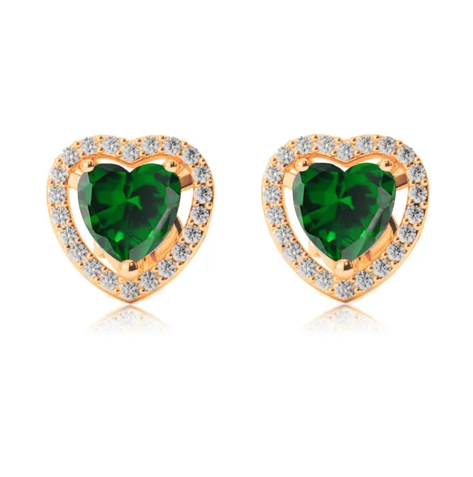 18k Yellow Gold Plated 4 Ct Created Halo Heart Emerald Stud Earrings