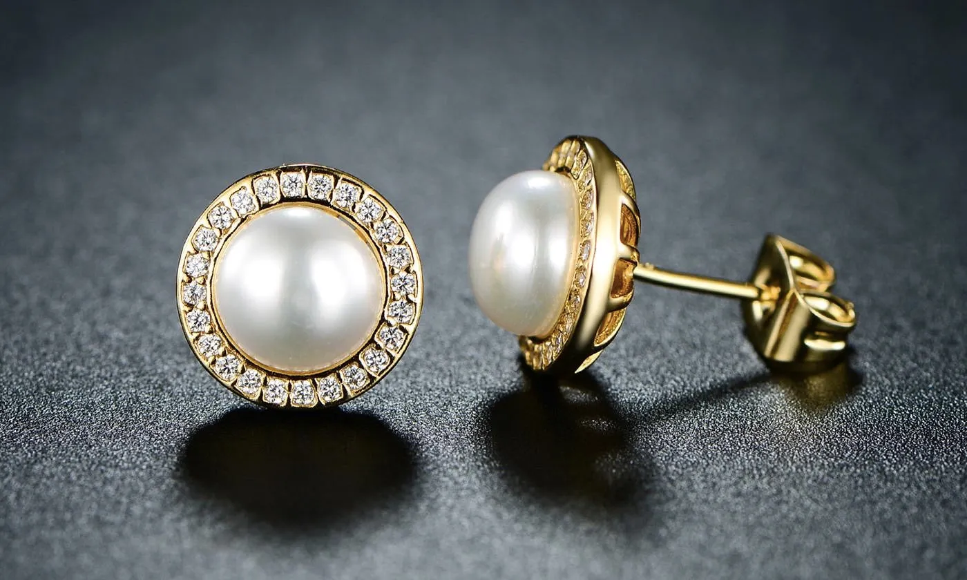 18K Yellow Gold Plated White Freshwater Pearl Halo Round 2 CT Stud Earrings