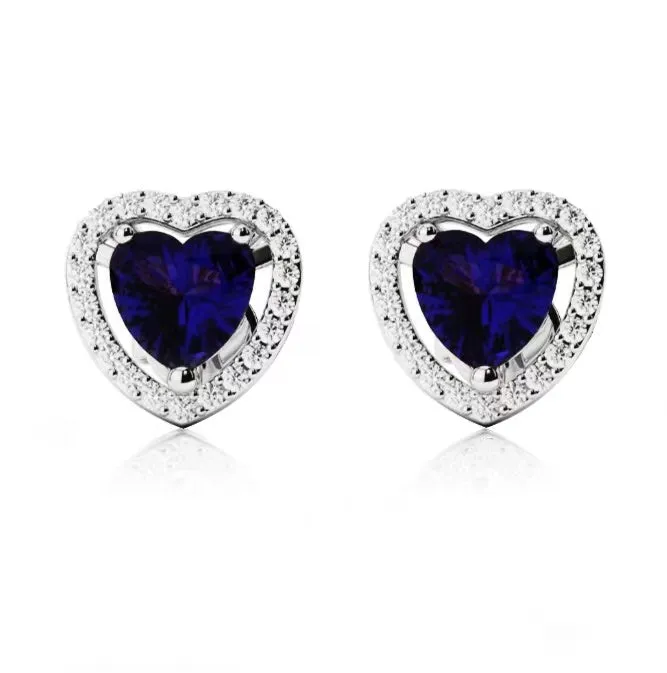 24k White Gold Plated 1/2 Ct Created Halo Heart Blue Sapphire Stud Earrings