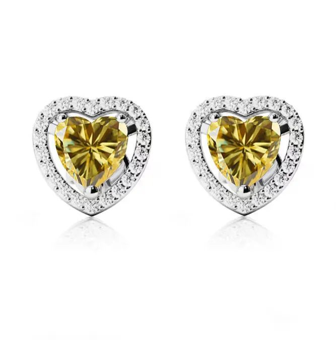 24k White Gold Plated 1/2 Ct Created Halo Heart Yellow Sapphire Stud Earrings