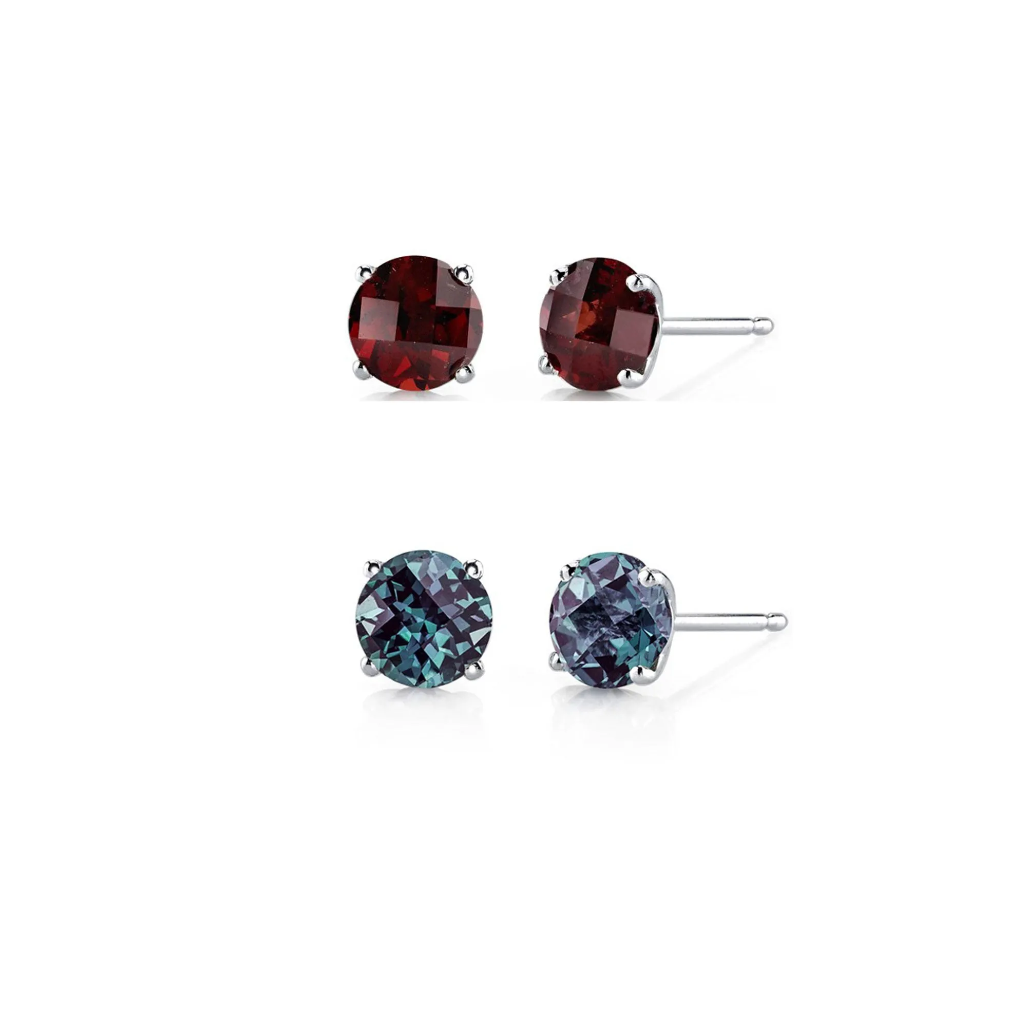 24k White Gold Plated 1Ct Created Garnet and Alexandrite 2 Pair Round Stud Earrings