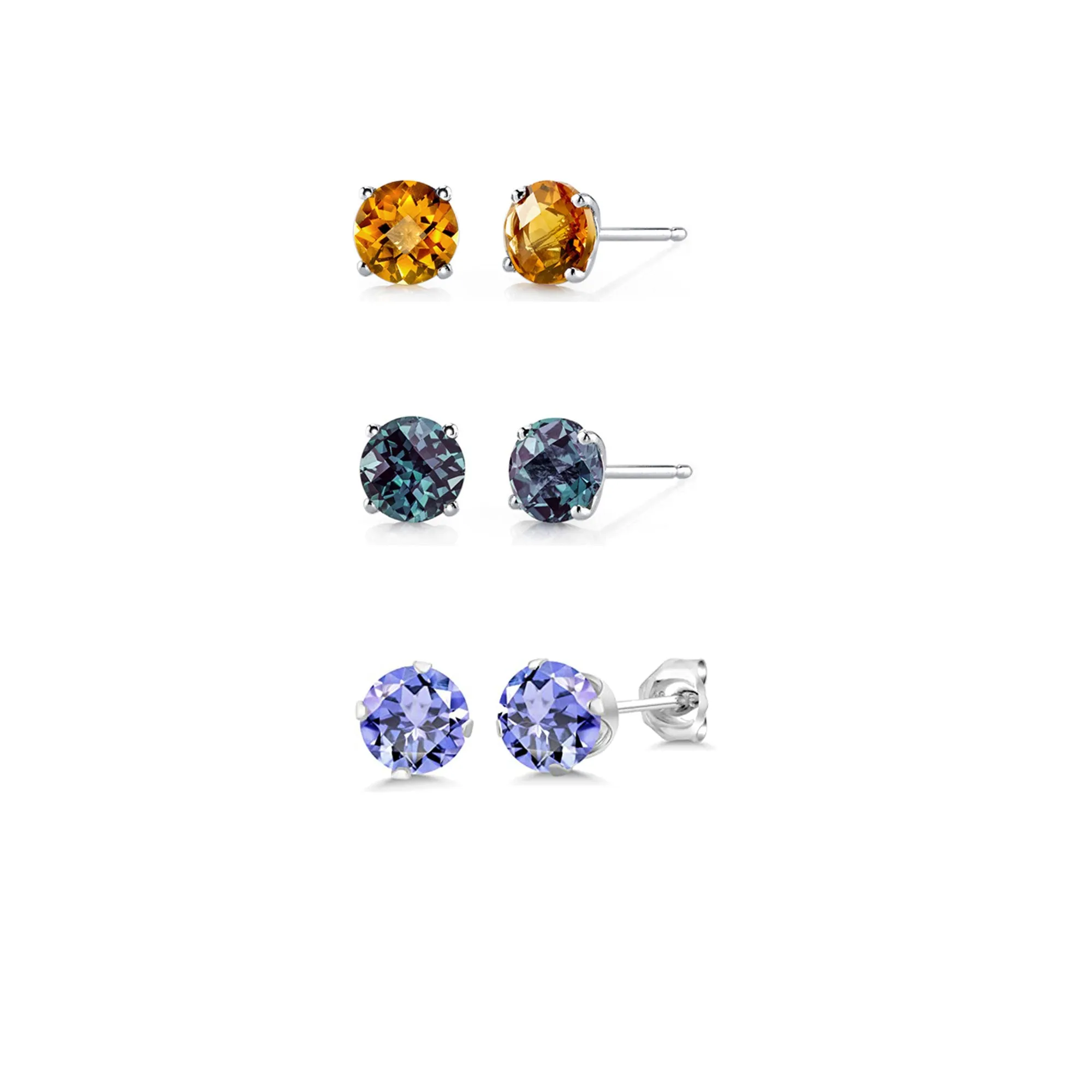 24k White Gold Plated 4Ct Created Citrine, Alexandrite and Tanzanite 3 Pair Round Stud Earrings