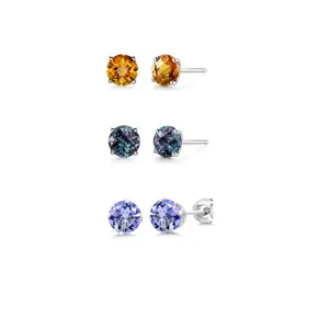 24k White Gold Plated 4Ct Created Citrine, Alexandrite and Tanzanite 3 Pair Round Stud Earrings