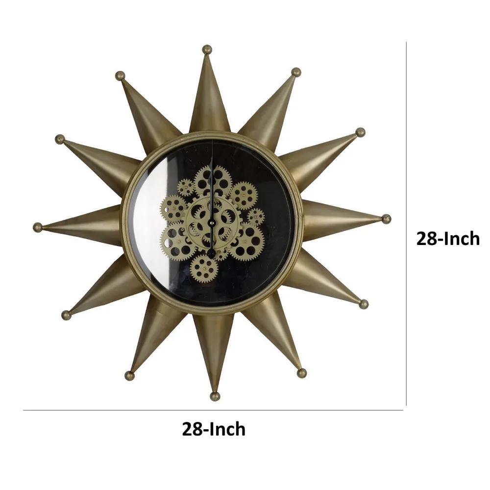 28 Inch Round Wall Clock, Sun Shaped Frame, Rich Brown, Bold Jet Black By Casagear Home