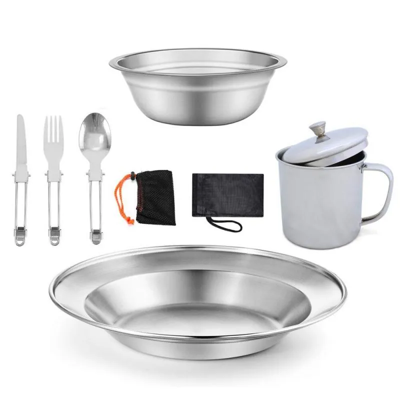 9 Piece Camping Stainless Steel Tableware Kit With Mesh