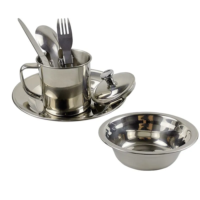 9 Piece Camping Stainless Steel Tableware Kit With Mesh