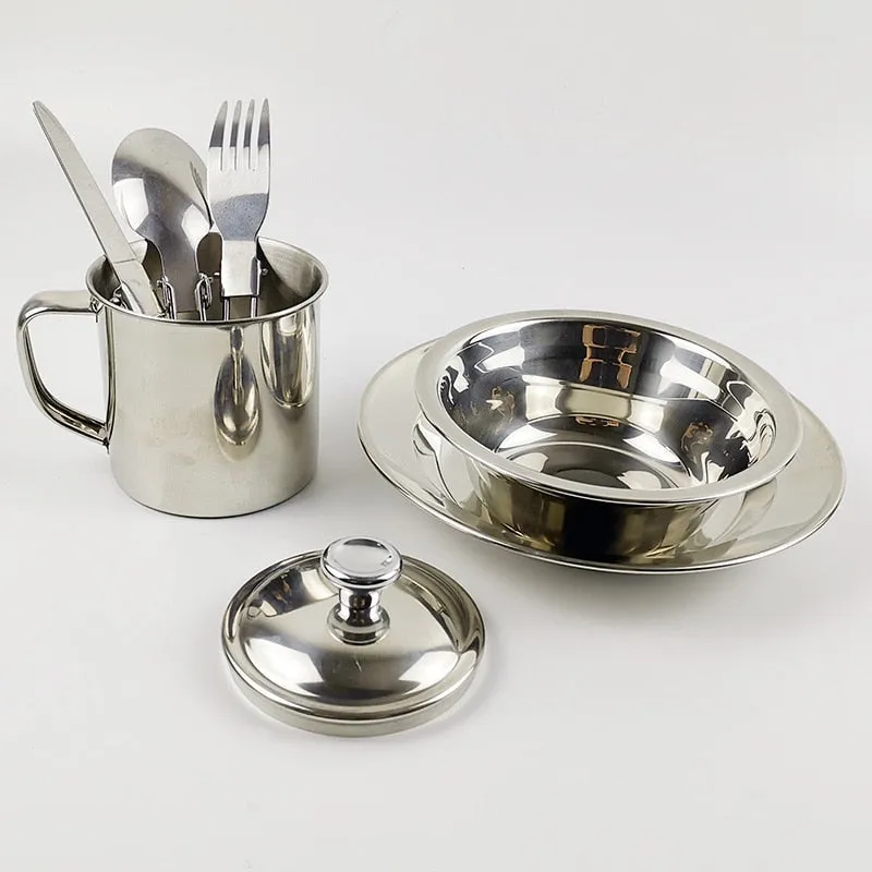 9 Piece Camping Stainless Steel Tableware Kit With Mesh