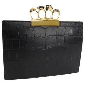 Alexander McQueen Black Crocodile Embossed Knuckle Duster Evening Clutch Bag