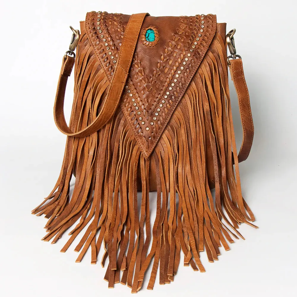 American Darling Turquoise Stone Whip Stitch Leather Fringe Crossbody Bag