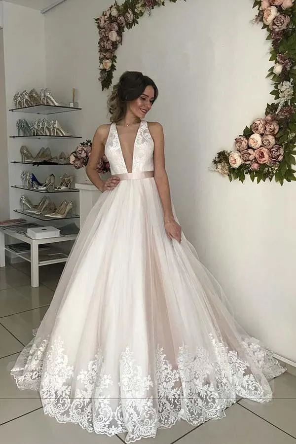 Anneprom Gorgeous V-Neck Sleeveless Tulle Wedding Dresses Bridal Gowns APW0223