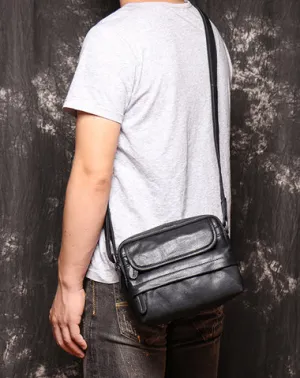 Black LEATHER MENS Small SIDE BAG COURIER BAG Black Small MESSENGER BAG FOR MEN