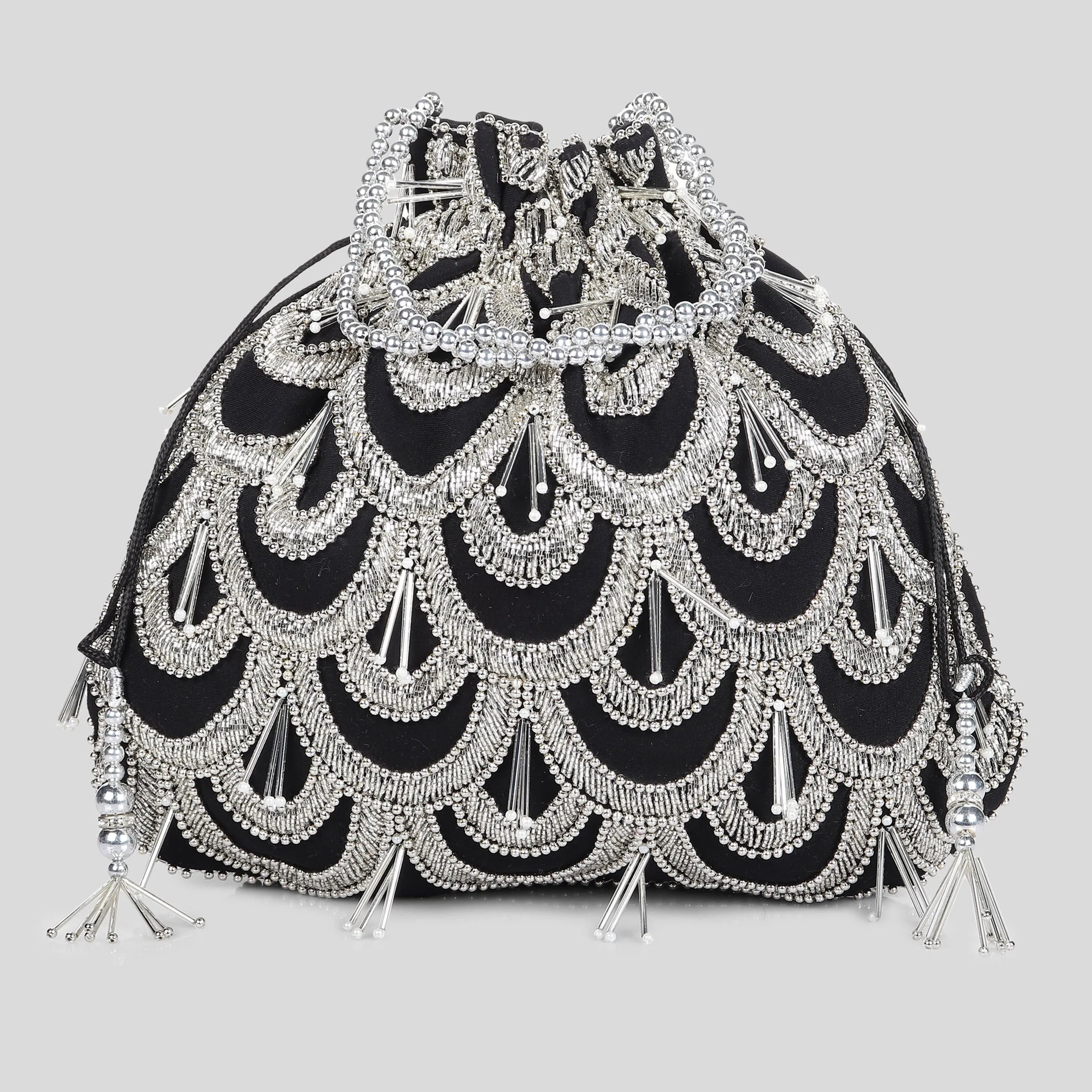 Black Potli Bag with exquisite silver circles embroidery