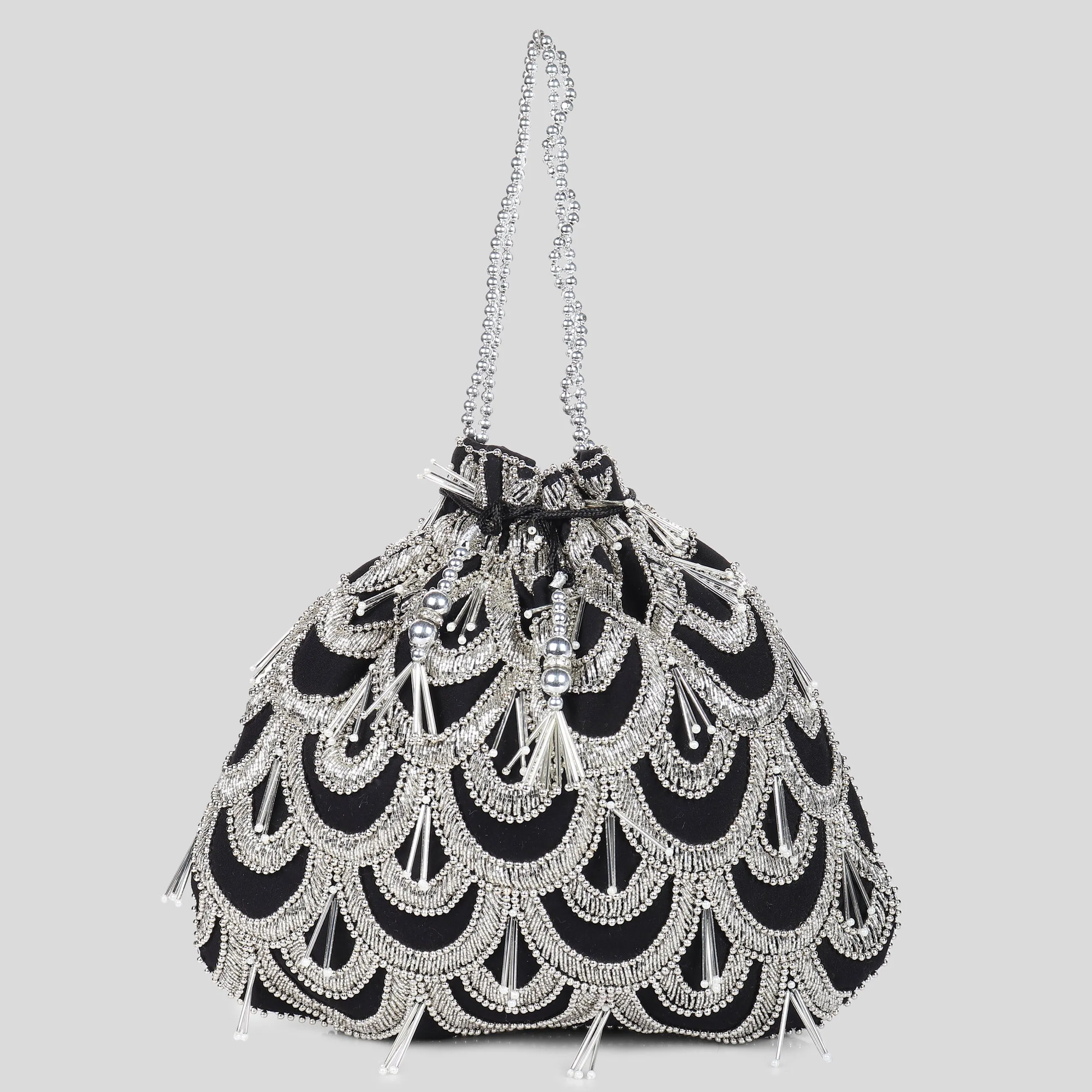 Black Potli Bag with exquisite silver circles embroidery