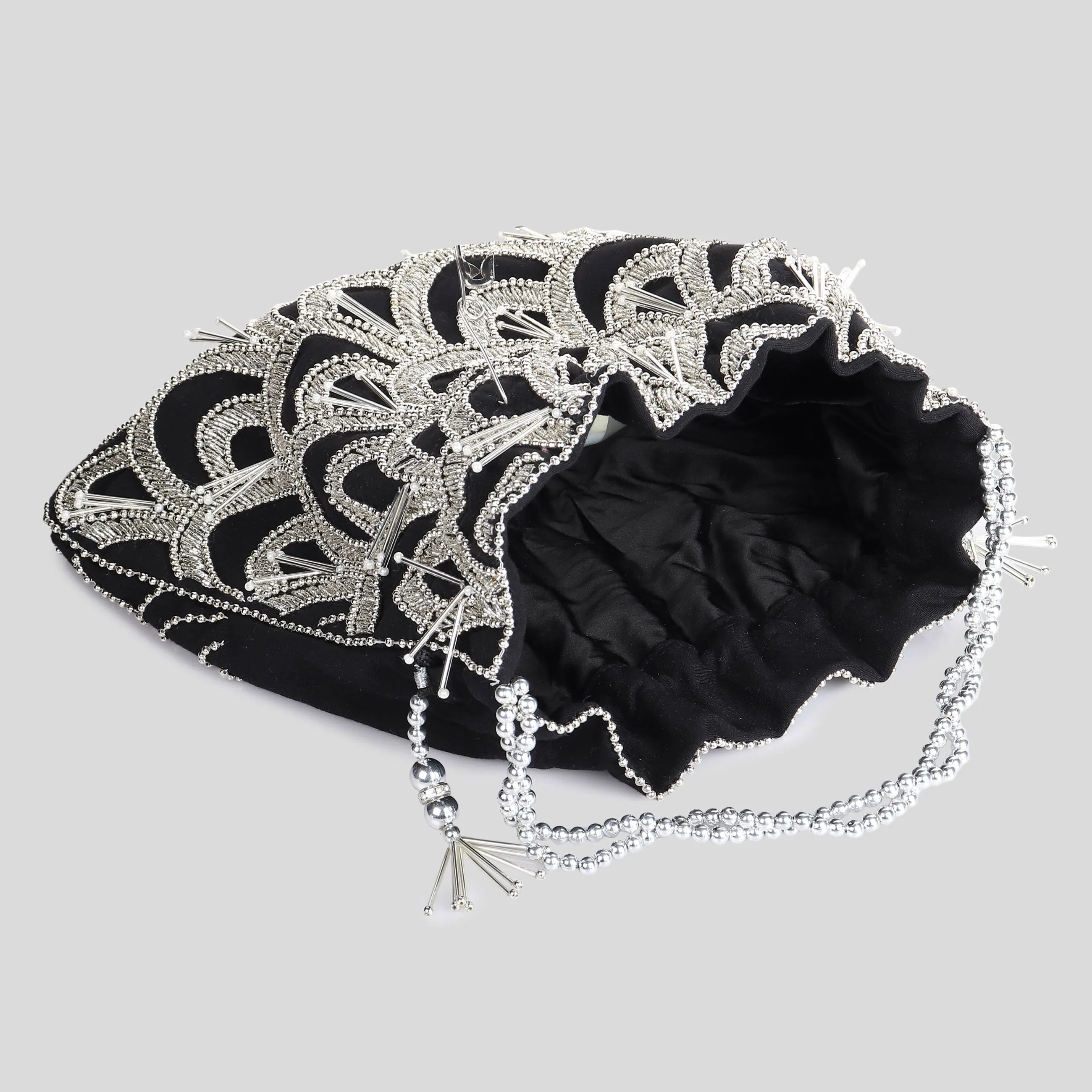 Black Potli Bag with exquisite silver circles embroidery