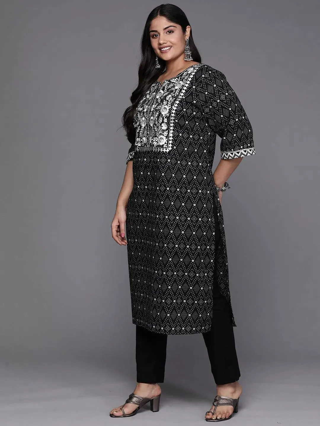 Black Yoke Design Cotton Straight Kurta