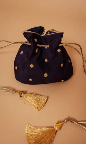 BLUE POTLI BAG WITH MIRROR WORK