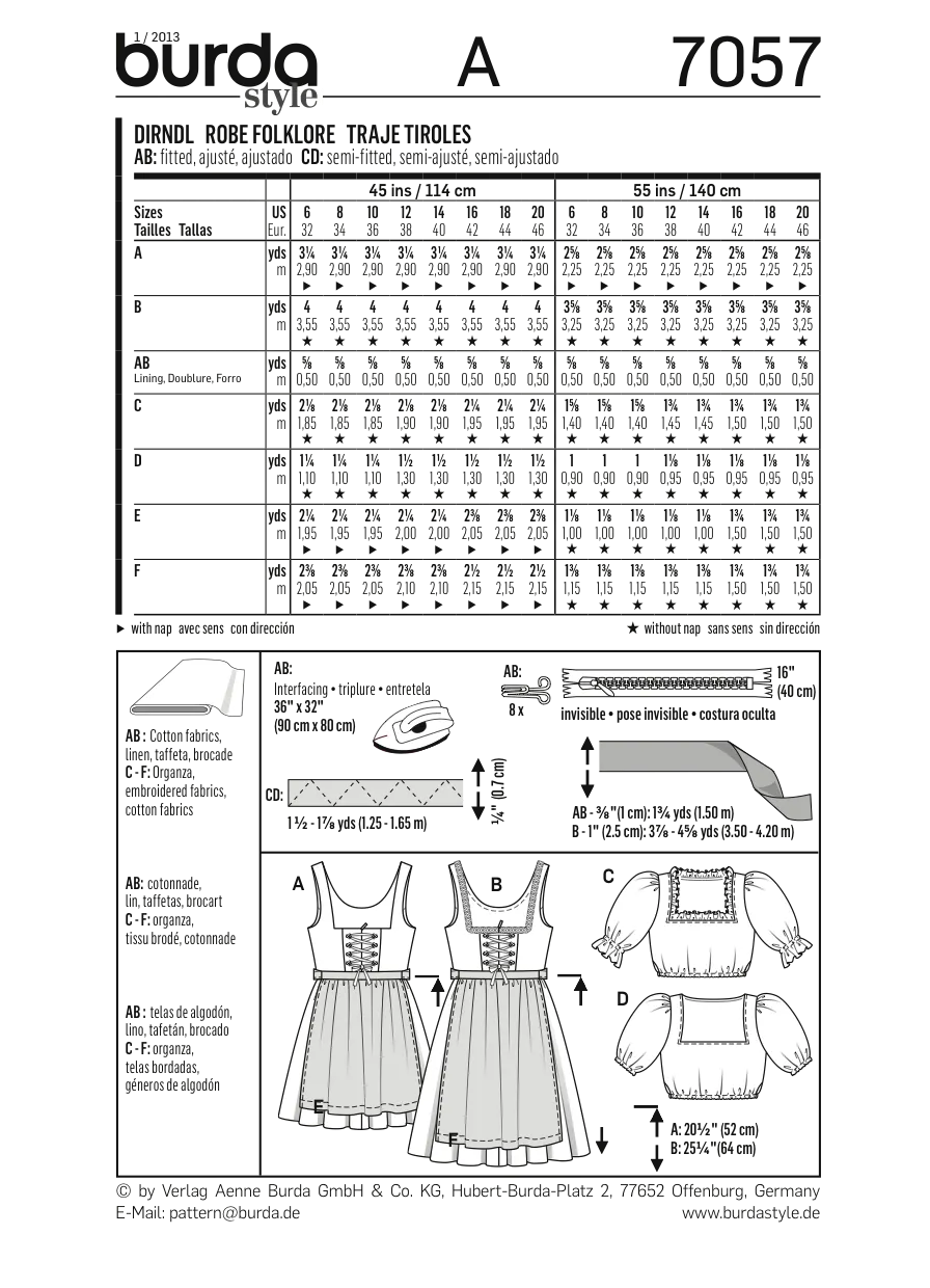 Burda 7057 Dirndl Folklore Dress Pattern