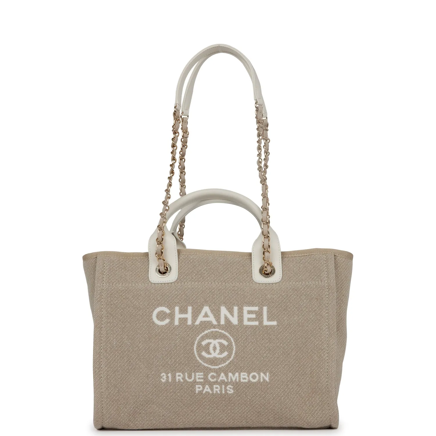 Chanel Small Deauville Shopping Bag White and Beige Boucle Light Gold Hardware