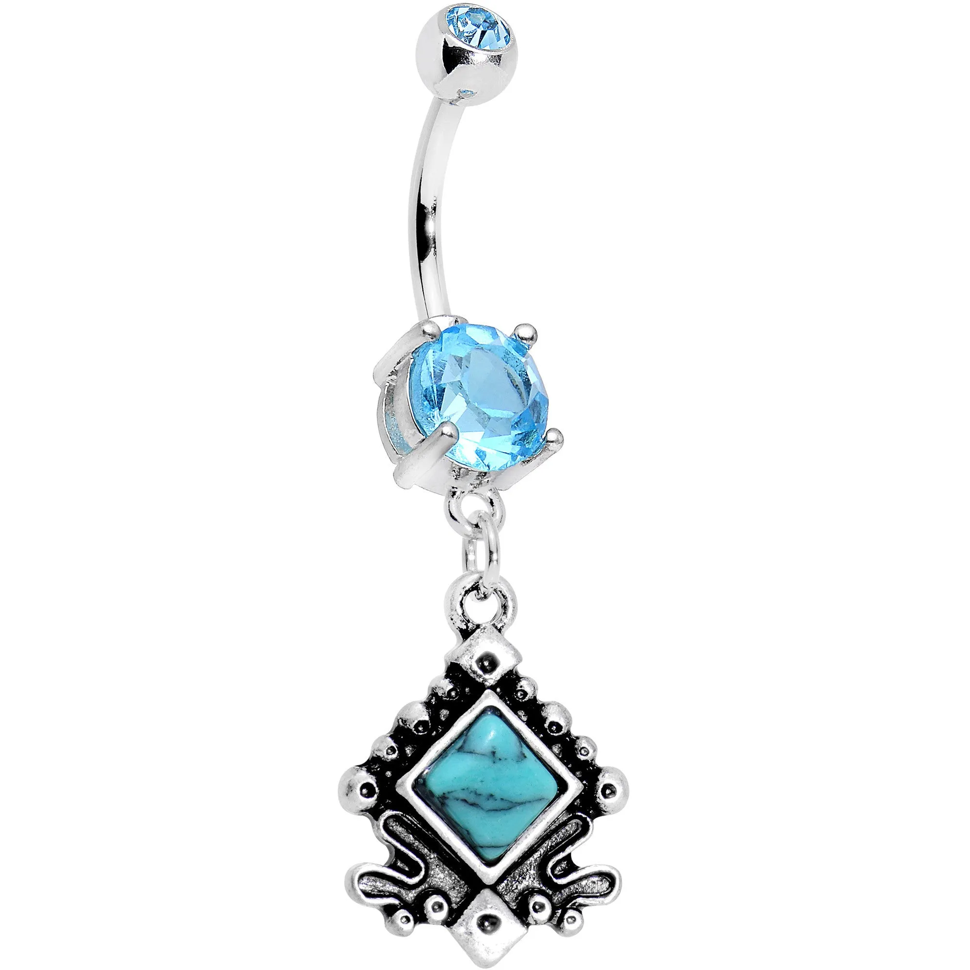 Clear Gem Faux Turquoise Elegantly Etched Dangle Belly Ring