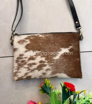 Cowhide Crossbody Sling Bag Brown White