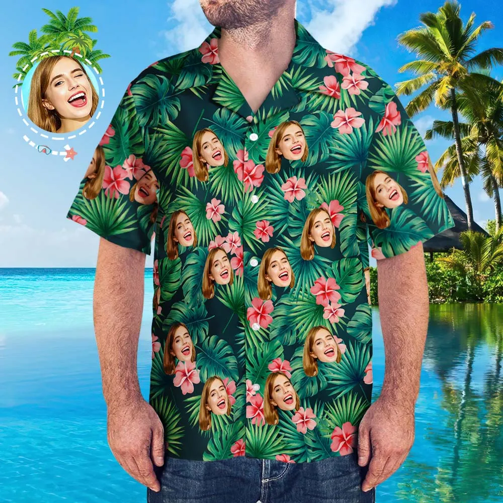 Custom Tropical Shirts Custom Dog Face Hawaiian Shirt Leaves & Flowers Shirt