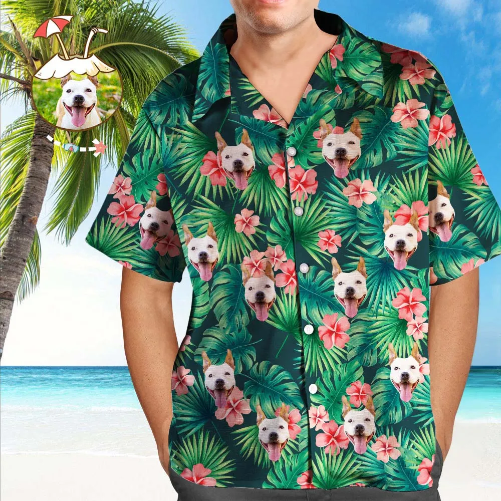 Custom Tropical Shirts Custom Dog Face Hawaiian Shirt Leaves & Flowers Shirt