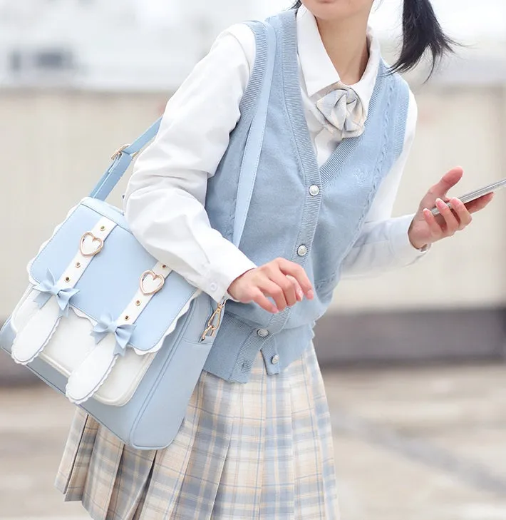 Cute Milk Tea Bear Rabbit Bunny Ears White Blue Messenger Student Bag