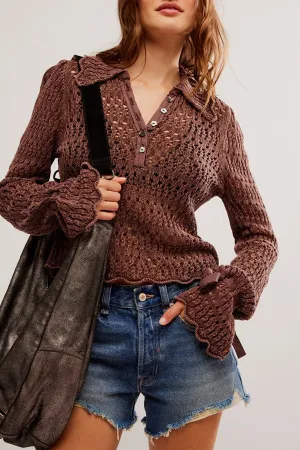 Free People Pointelle Pullover Sweater - CHICORY COFFEE