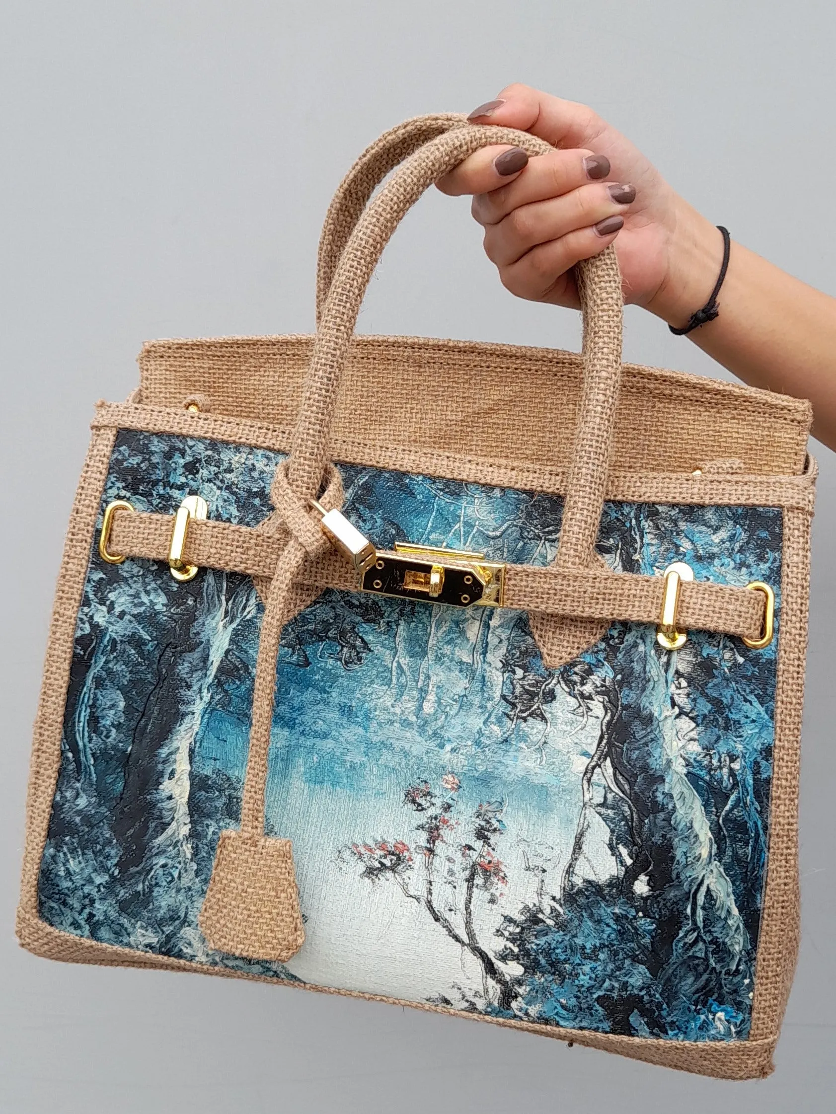 Handpainted jute bag, Medium size (30cm)_style 17